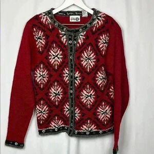 Paul Harris Design Womens Sweater S Red Black Cream Snowflake Design Vintage EUC